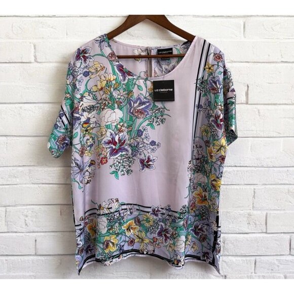 Liz Claiborne Career Silky Purple Flora Blouse Womens XL NWT Shirt Top Boho - Picture 1 of 15